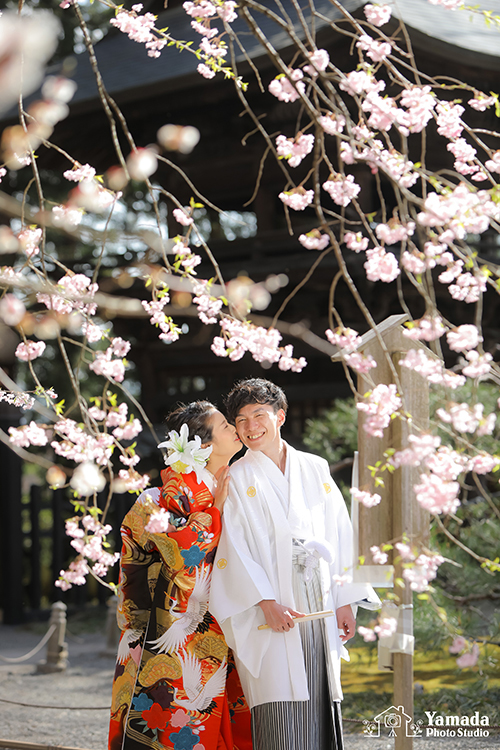 桜慈雲寺結婚式前撮りほっぺにチュー